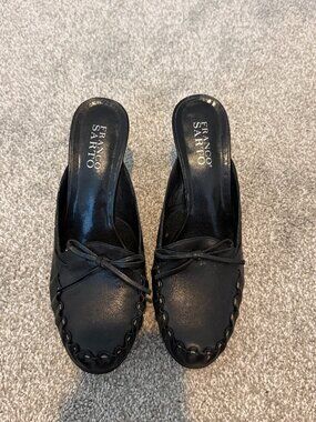Franco Sarto Black Leather Mule Heels Slip On Kitten Heel Loafers Size 8